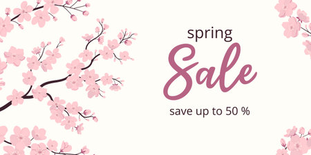Advertising horizontal poster with pink blossom cherry branches for spring sale on white backdrop. Flat vector illustration, hand drawn style and grainy texture effect.のイラスト素材