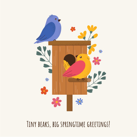 Funny small birds and a charming wooden birdhouse nestled among fresh green leaves and colorful flowers. Flat vector illustration with noise texture and typography. Ideal for print, festive cards.のイラスト素材