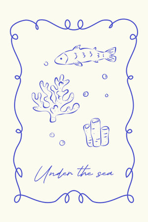 Trendy poster in retro sketch style on white background. Blue rough ink lines and handwritten text Under the sea. Fish, corals and bubbles in whimsical curvy frame. Ideal for card, cover, label, printのイラスト素材
