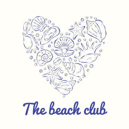 Square card with various blue seashells in shape of heart on white backdrop and typography The beach club. Hand drawn italian sketch style. Trendy template for background, poster, cover, social media.のイラスト素材