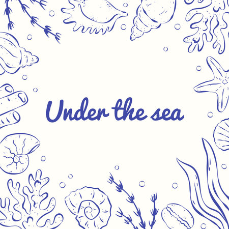 Summer greeting square card with blue seashells, coral, algae, bubbles and text Under the sea on white backdrop. Italian sketch style. Modern design for background, poster, cover, social media.のイラスト素材