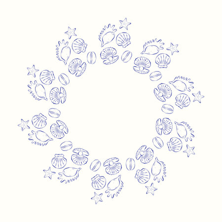 Coastal round border with starfish, prickly seashells and shells with pearl. Hand drawn sketch style. Blue and white colors. Modern design for branding, card, poster, menu, scrapbooking, invitation, decor, coverのイラスト素材