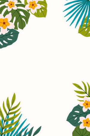 Vertical summer backdrop with tropical leaves, exotic white flowers and copy space. Flat vector illustration. Ideal for poster, card, invitation, ads, cover, frameのイラスト素材