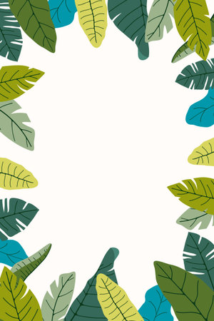 Vertical seasonal frame with colorful tropical leaves and copy space in flat style. Modern artistic template for poster, card, invitation, ads, cover, backgroundのイラスト素材