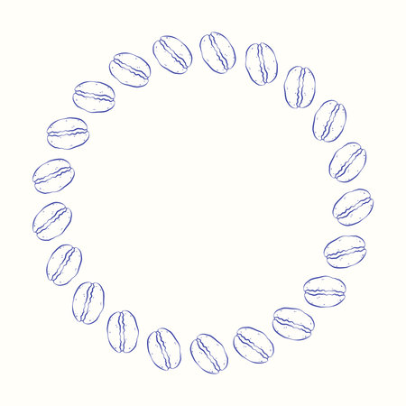 Summer circle frame with blue seashells on white background. Italian sketch style. Flat vector illustration. Ideal for card, poster, menu, scrapbooking, invitation, packaging, print, label, stencilのイラスト素材
