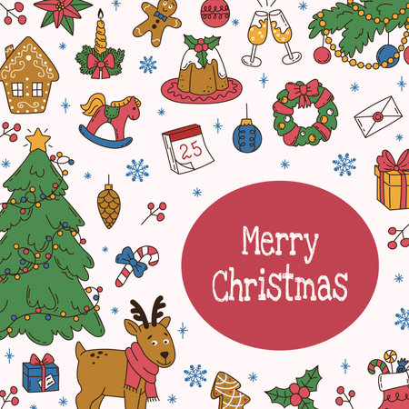 Christmas doodle square card with festive hand drawn elements and typography. Flat vector illustration. Perfect for social media, poster, invitation, cover, backgroundのイラスト素材