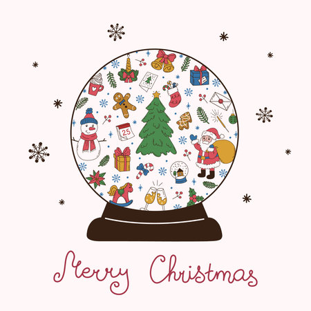 Celebration square card with shape of Christmas ball filled with festive elements and typography. Flat vector illustration. Perfect for social media, invitation, cover, backgroundのイラスト素材