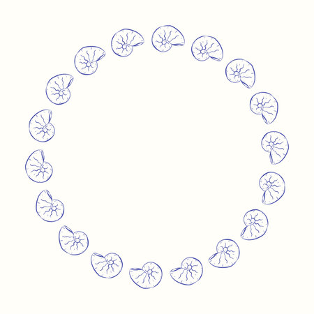 Summer circle frame with rolled shells. Blue and white colors. Freehand sketch style. Flat vector illustration. Modern layout for package, card, poster, label, birthday, wedding, embroidery, adsのイラスト素材