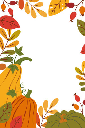 Autumn bright vertical template with hand drawn leaves, rosehip and pumpkins in flat vector style. Universal design for card, poster, cover, advertising, invitationのイラスト素材