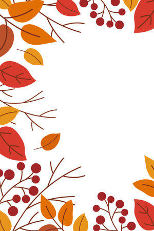 Fall vertical background with hand drawn red orange leaves, dry twigs, autumnal berries in flat vector style and space for text. Modern design for card, poster, cover, advertising, invitationのイラスト素材
