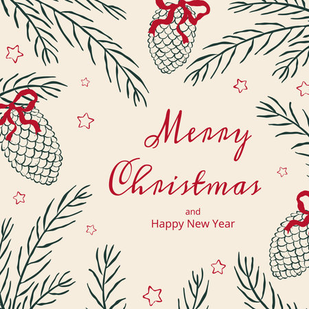 Square Christmas card with whimsical sketch illustration and typography. Green pine branches decorated cones and red bows. Trendy template for background, cover, social media in vintage styleのイラスト素材