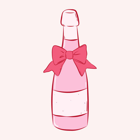 Isolated bottle of champagne with tied bow in ink sketch style. Flat vector illustration in pink red colors. Design element for card, poster, menu, pattern, sticker.のイラスト素材
