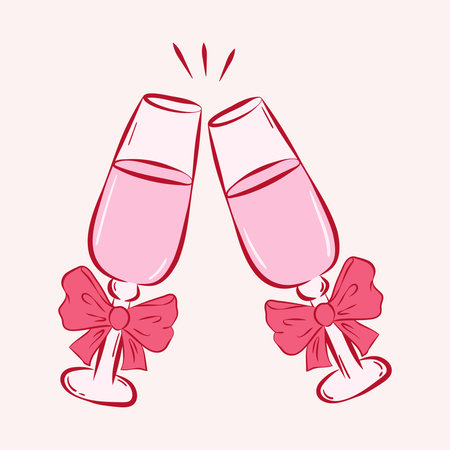 Isolated two glasses of beverage decorated tied bows in ink sketch style. Flat vector illustration in pink red colors. Template for card, poster, menu, pattern, sticker.のイラスト素材