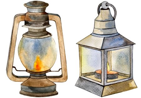 watercolor set of two lamp lantern candlestick.の写真素材