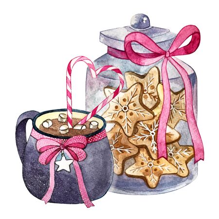 marshmallow cocoa and cookies in a glass jarの写真素材