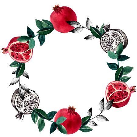 round frame garnet wreath fruit and leaves.の写真素材