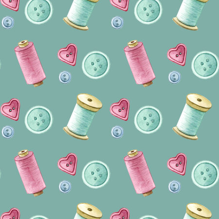 seamless watercolor pattern. needle, buttons