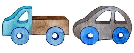 set of watercolor illustrations. transport. cars wooden toy for boy. isolated objects on a white backgroundの写真素材
