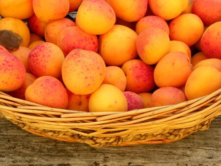 fresh apricots in a basket on wooden table. apricot pitsの写真素材