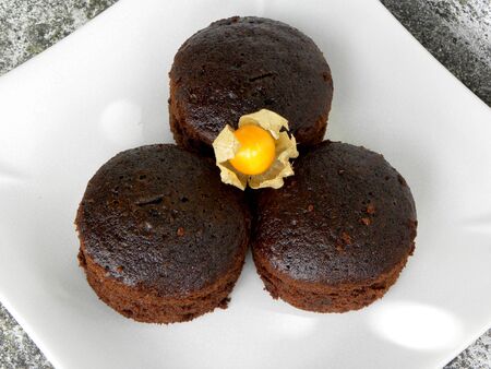 chocolate cupcakes on a white plate and physalisの写真素材