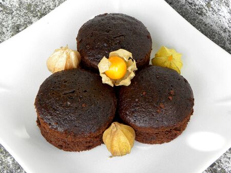 chocolate cupcakes on a white plate and physalisの写真素材