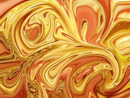Unique delicately textured swirled liquified modern abstract design perfect for wallpapers and backgrounds in bright gold, coral and beige tints and hues.の写真素材