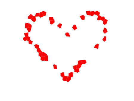 Mosaic decorative ornament with red hearts on a white background. Pieces of red mosaic in the shape of a heart. Modern minimalistic style polygonal design texture. Irregular mosaic lines.の写真素材