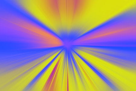 Abstract surface blur of radial zoom in neon blue and yellow tones. Abstract neon background with radial, diverging, converging lines.の写真素材