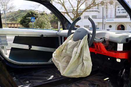 Torres Vedras, Portugal - February 2021: steering wheel and airbag for extra small cars of the Smart brandのeditorial素材