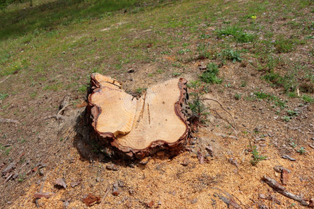 Sawed tree. A tree stump on the ground with lines indicating the age of the tree. The texture of the sawn wood.の写真素材