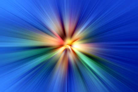 Abstract surface of radial blur zoom in blue, green, yellow tones. Bright colorful background with radial, diverging, converging lines.の写真素材