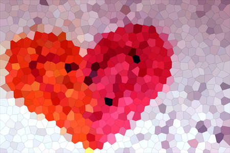Mosaic decorative ornament with hearts in orange and pink colors. Mosaic two-tone heart. Modern minimal style polygonal design texture. Irregular lines mosaic pattern. Geometric gridの写真素材
