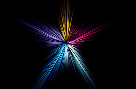 Abstract surface of blur radial zoom in blue, yellow and pink tones on a black background. Glowing colorful background with radial, diverging, converging lines in the shape of a star.の写真素材