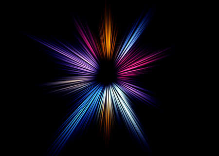 Abstract surface of blur radial zoom in blue, pink and yellow tones on a black background. Abstract multicolored background with radial, diverging, converging lines.の写真素材