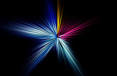 Abstract surface of blur radial zoom in blue, yellow and pink tones on a black background. Abstract blue black background with radial, diverging, converging lines in the shape of a star.の写真素材