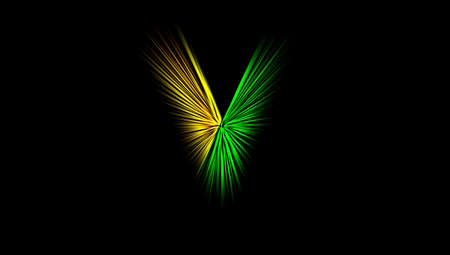 Abstract surface of blur radial zoom in green and yellow tones on a black background. Bright background with radial, diverging, converging lines in the shape of the letter V.の写真素材