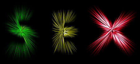 Abstract radial zoom blur surface in green, yellow and red tones on a black background. Spectacular bright background with radial, divergent, converging lines in the shape of the word sex.の写真素材