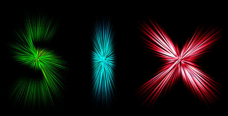 Abstract radial zoom blur surface in green, blue and red tones on a black background. Spectacular bright background with radial, divergent, converging lines in the shape of the word six.の写真素材