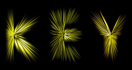Abstract radial zoom blur surface in yellow tones on a black background. Colored letters with radial, diverging, converging lines in the shape of the word key.の写真素材