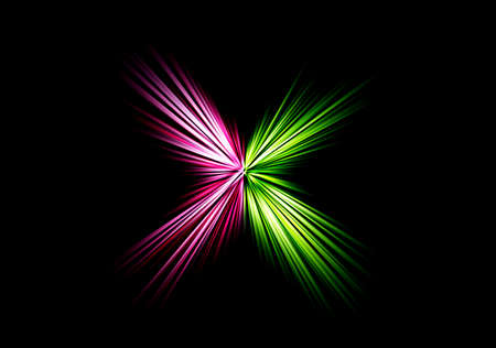 Abstract surface of blur radial zoom in pink and green tones on a black background. Tricolor bright background with radial, diverging, converging lines.の写真素材