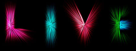 Abstract radial zoom blur surface in red, pink, blue and green tones on a black background. Colored letters with radial, diverging, converging lines in the shape of the word live.の写真素材