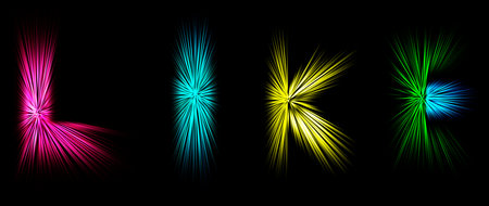 Abstract radial zoom blur surface in yellow, pink, blue and green tones on a black background. Colored letters with radial, diverging, converging lines in the shape of the word like.の写真素材