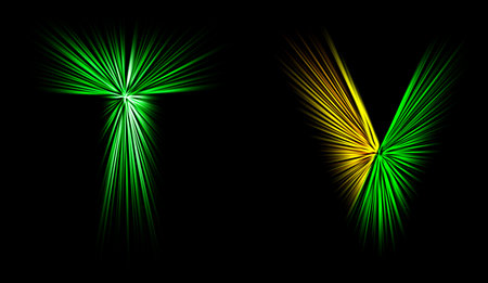 Abstract radial zoom blur surface in yellow and green tones on a black background. Colored letters with radial, diverging, converging lines in the shape of the word tv.の写真素材