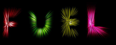 Abstract radial zoom blur surface in red, pink yellow and green tones on a black background. Colored letters with radial, diverging, converging lines in the shape of the word fuel.の写真素材