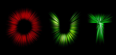 Abstract radial zoom blur surface in red and green tones on a black background. Colored letters with radial, diverging, converging lines in the shape of the word out.の写真素材