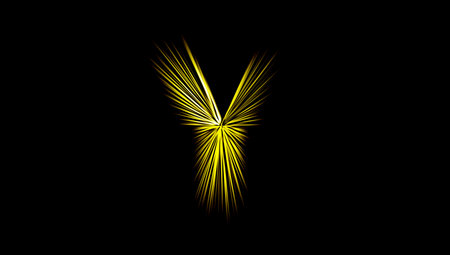 Abstract surface of blur radial zoom in yellow tones on a black background. Bright yellow black background with radial, diverging, converging lines in the shape of the letter Y.の写真素材