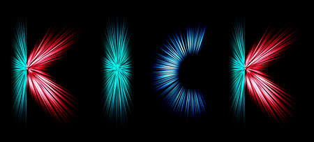 Abstract radial zoom blur surface in blue and pink tones on a black background. Colored letters with radial, diverging, converging lines in the shape of the word kick.の写真素材