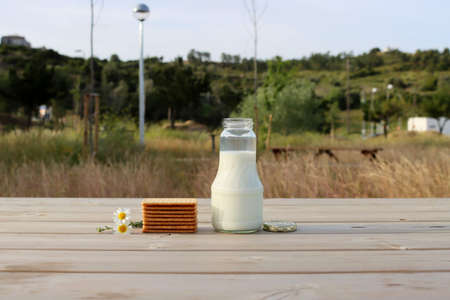 A stack of cookies, a bottle of milk, and daisies on a wooden table. A morning in the village.の写真素材
