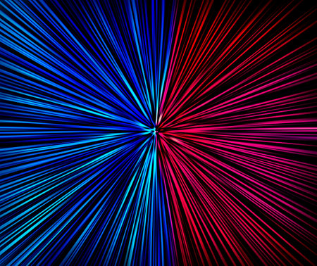 Abstract surface of blur radial zoom in blue, pink, black tones. Rich blue-pink background with radial, diverging, converging lines. bicolor backgroundの写真素材
