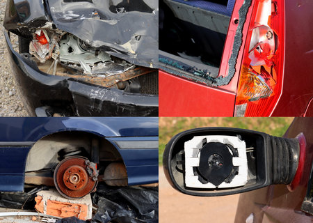 A collage of broken cars. Broken headlights, rearview mirror, wheel disc. Car after the accident.の写真素材
